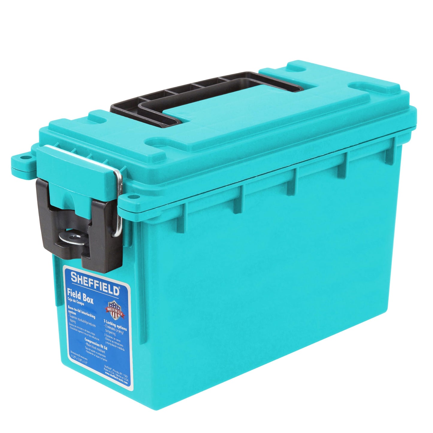 Sheffield 12633 Ammo Storage Box, Stackable .30 Cal Field Boxes, Water and Dust Resistant, Lockable Storage Box with Handle, Secures Hunting Gear, Supplies, and Bullets, Made in USA, Teal, 1-Pack