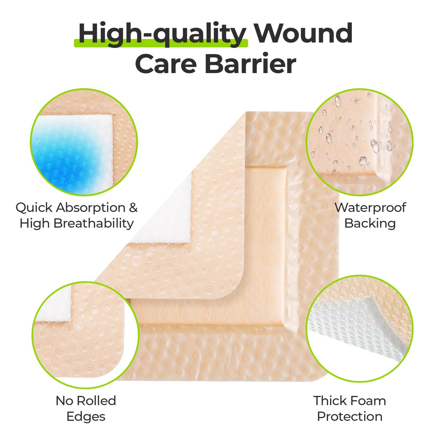 AUVON Silicone Foam Dressing with Large Adhesive Border, 3" x 3" 10 Packs Wound Dressing Bandage with High Absorbency, Waterproof Silicone Foam Pads for Wound Care & Protection Plus Cushioning
