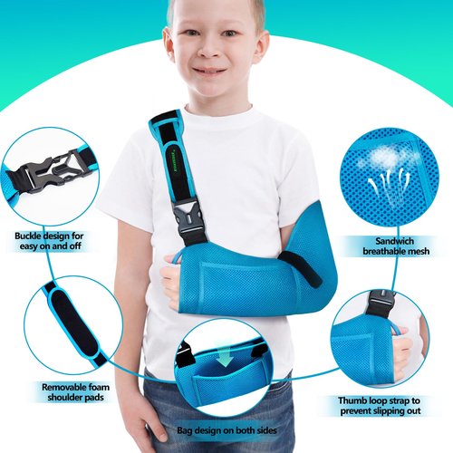KONSEDIK Arm Sling for Kids - Adjustable Breathable Shoulder Immobilizer with Pockets,Supports Rotator Cuff Injury,Wrist,Elbow,Clavicle Fracture Recovery,Post-Surgery Sling for Left or Right Arm(Blue,X-Small)