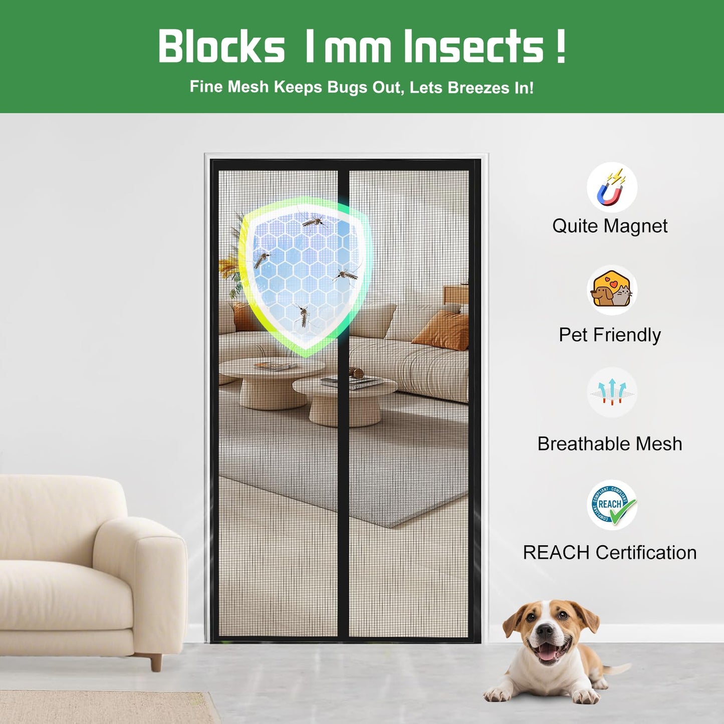 YOUBST Magnetic Screen Door Mesh Keeps Bugs Out: Door Screen Magnetic Closure 36" x 83" Fits Door Size 34" x 82" - Magnetic Door Curtain Heavy Duty Fiber Fabric Washable - Hands Free Entry