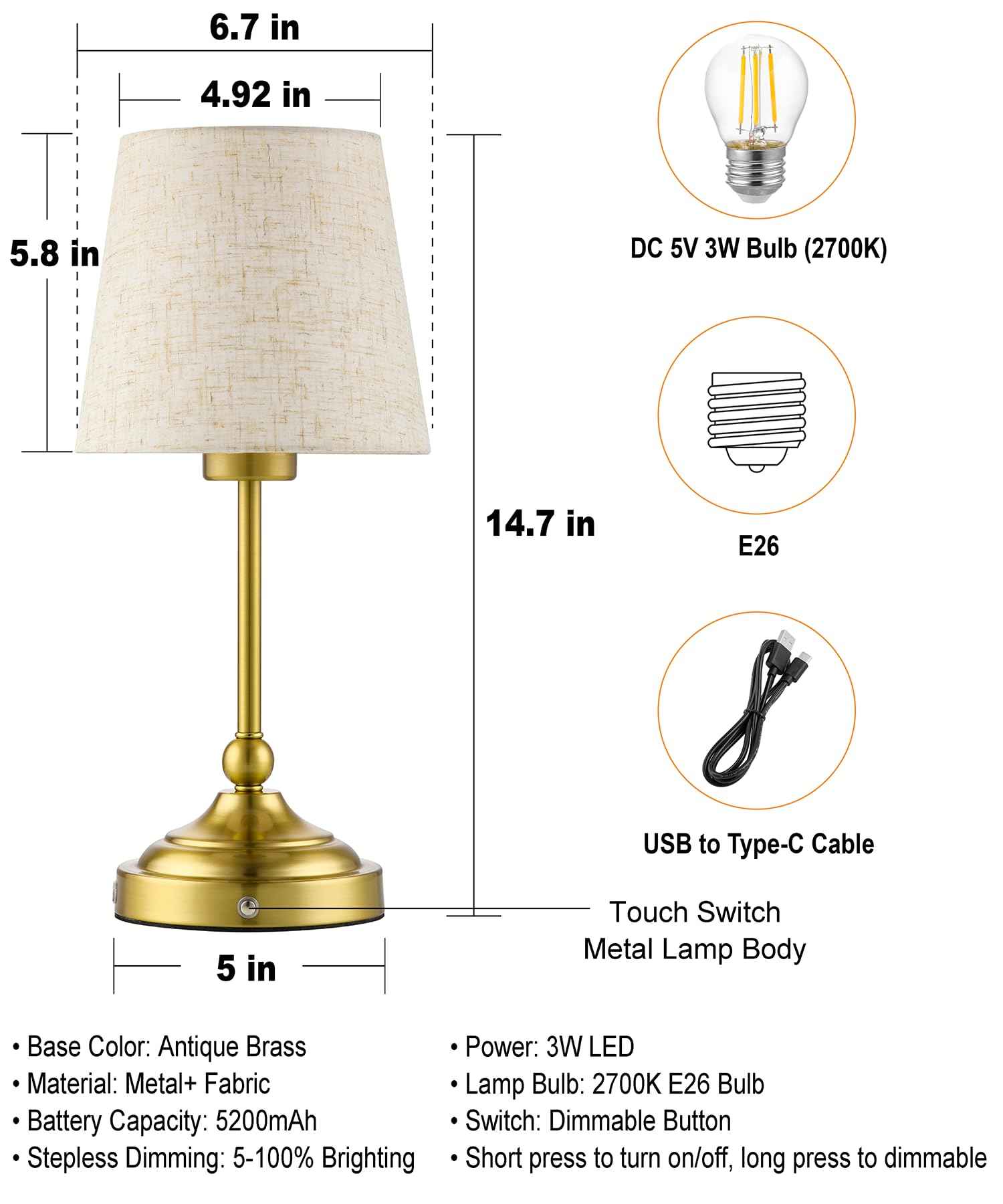 BOHON Cordless Lamp with Dimmer, Built-in 5200mAh Rechargeable Lamp, Patio Table Lamp, LED Bedside Night Light, Outdoor Ambient Light for Camping Restaurant Bedroom Dining Room Decor, Antique Brass