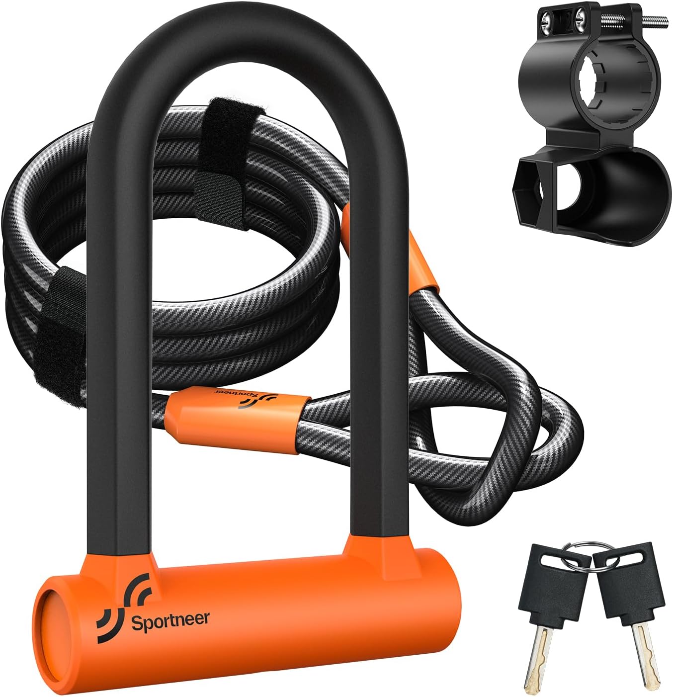 Sportneer Bike U Lock - Heavy-Duty Anti-Theft Lock with 5ft Steel Cable & 17mm Shackle - Orange