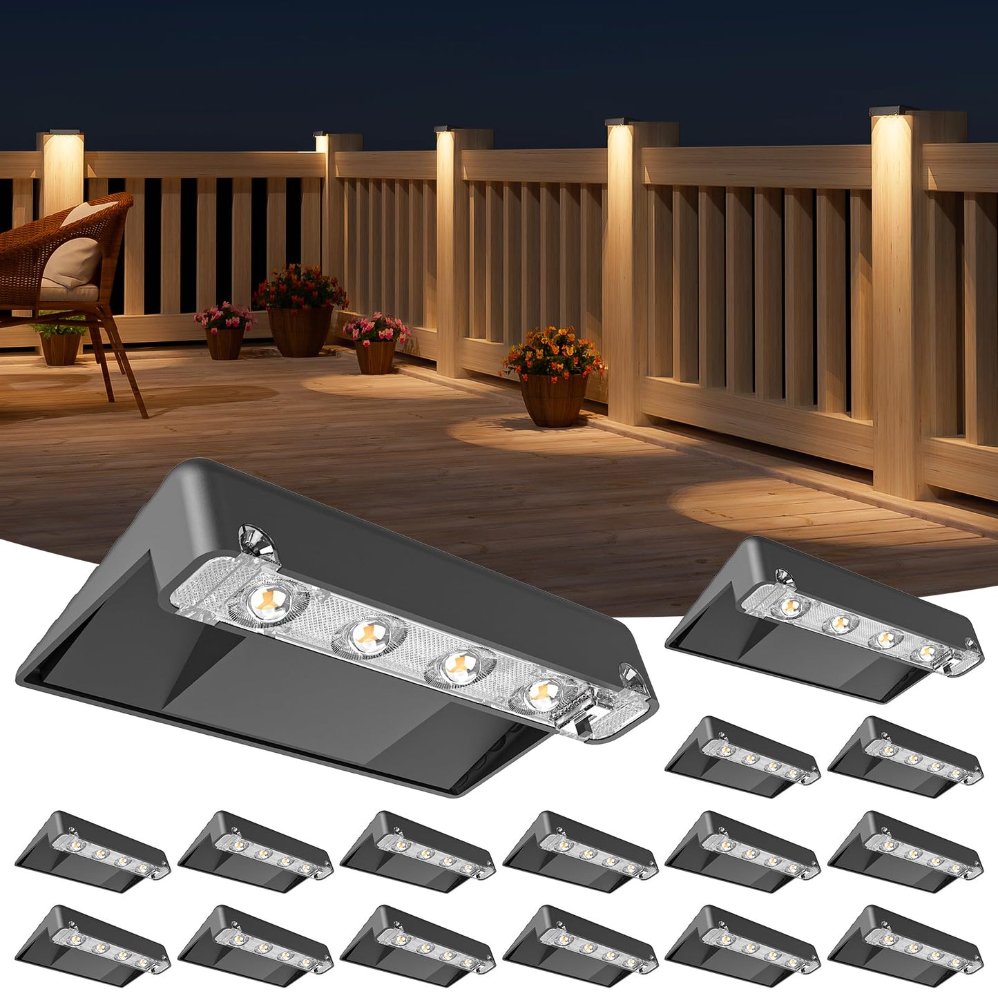 NIORSUN Solar Deck Lights Outdoor 16 Pack, IP65 Waterproof Large Size LED Stair Lights with Lenses, Auto ON Off Warm White Step Lights for Outside, Deck, Patio, Fence, Yard, Pathway and Railing Decor