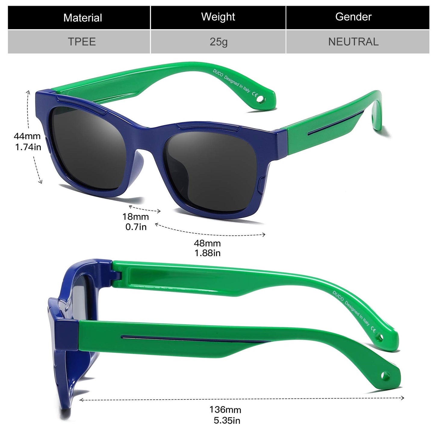 DUCO Polarized Kids Sunglasses Boys Cute Unbreakable Sunglasses for Kids UV400 Protection Age 5-10 K019(Blue Frame Green Temple)