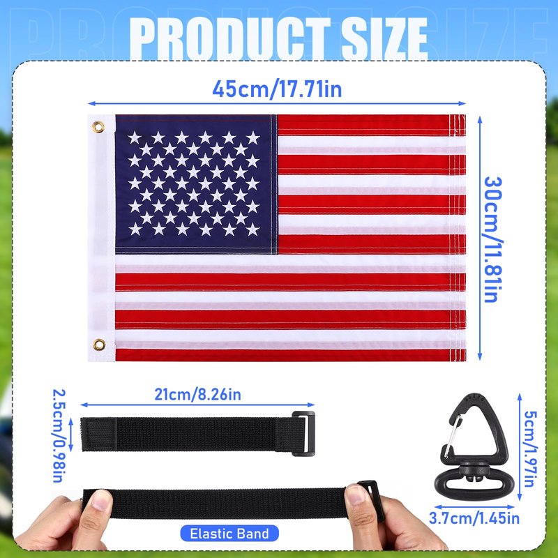 TOBWOLF 2PCS 12"x18" Golf Cart Flags, American Flag Embroidery with Elastic Strap Bracket for Easy Installation, 250th Anniversary Patriotic US Flag for Boat, Bike, Golf Cart & Independence Day Decor