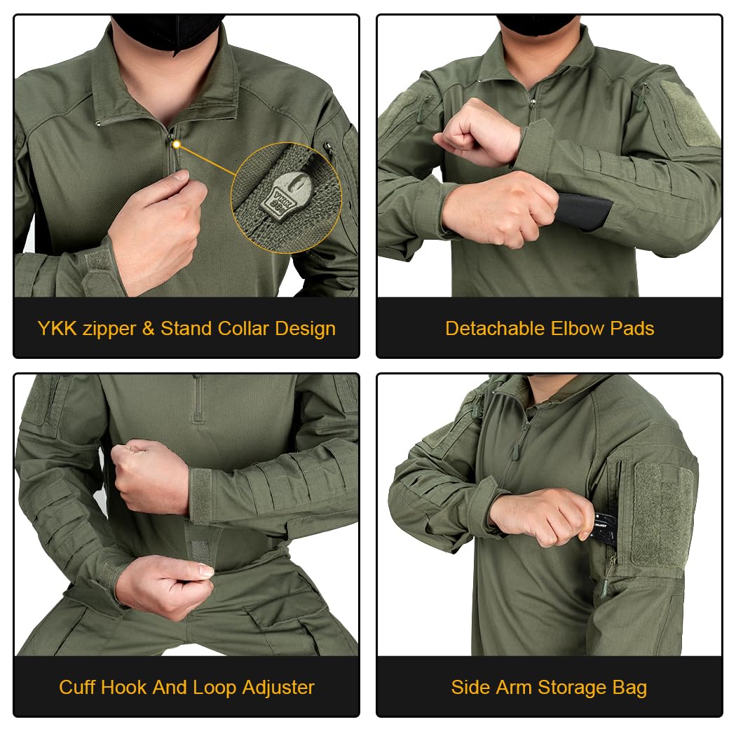 IDOGEAR Men’s Combat Shirts Tactical Long Sleeve Shirt with Elbow Pads Military BDU Shirts with Pockets Airsoft Clothing(Ranger Green,Medium)