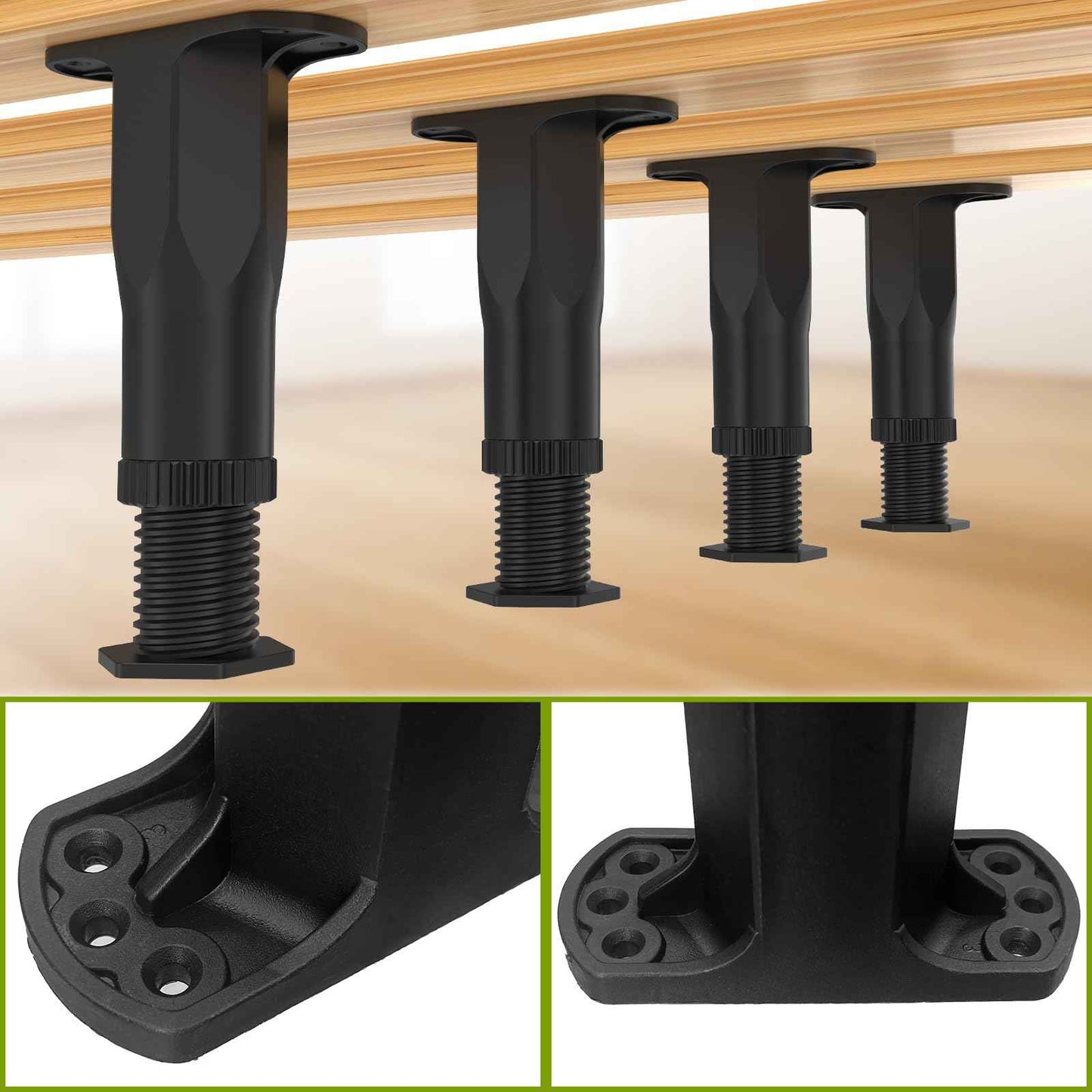 Yuleimy Adjustable Height Bed Support Legs, 4 PCS (8.3-14.5 Inch) Plastic Center Support Legs for Queen King Bed Frame & Slats, Non-Scratch Floor Protectors, Quiet Bed/Furniture Leg Replacement Kit