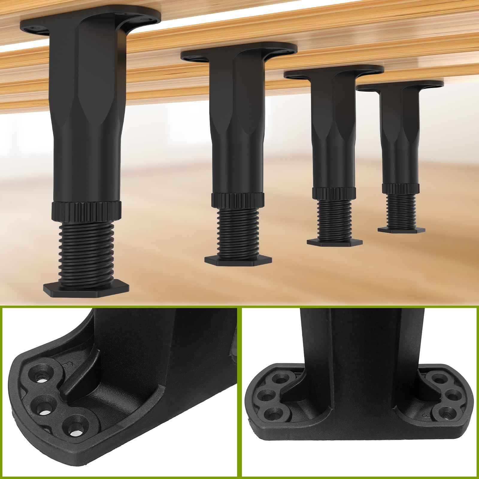 Yuleimy Adjustable Height Bed Support Legs, 4 PCS (8.3-14.5 Inch) Plastic Center Support Legs for Queen King Bed Frame & Slats, Non-Scratch Floor Protectors, Quiet Bed/Furniture Leg Replacement Kit
