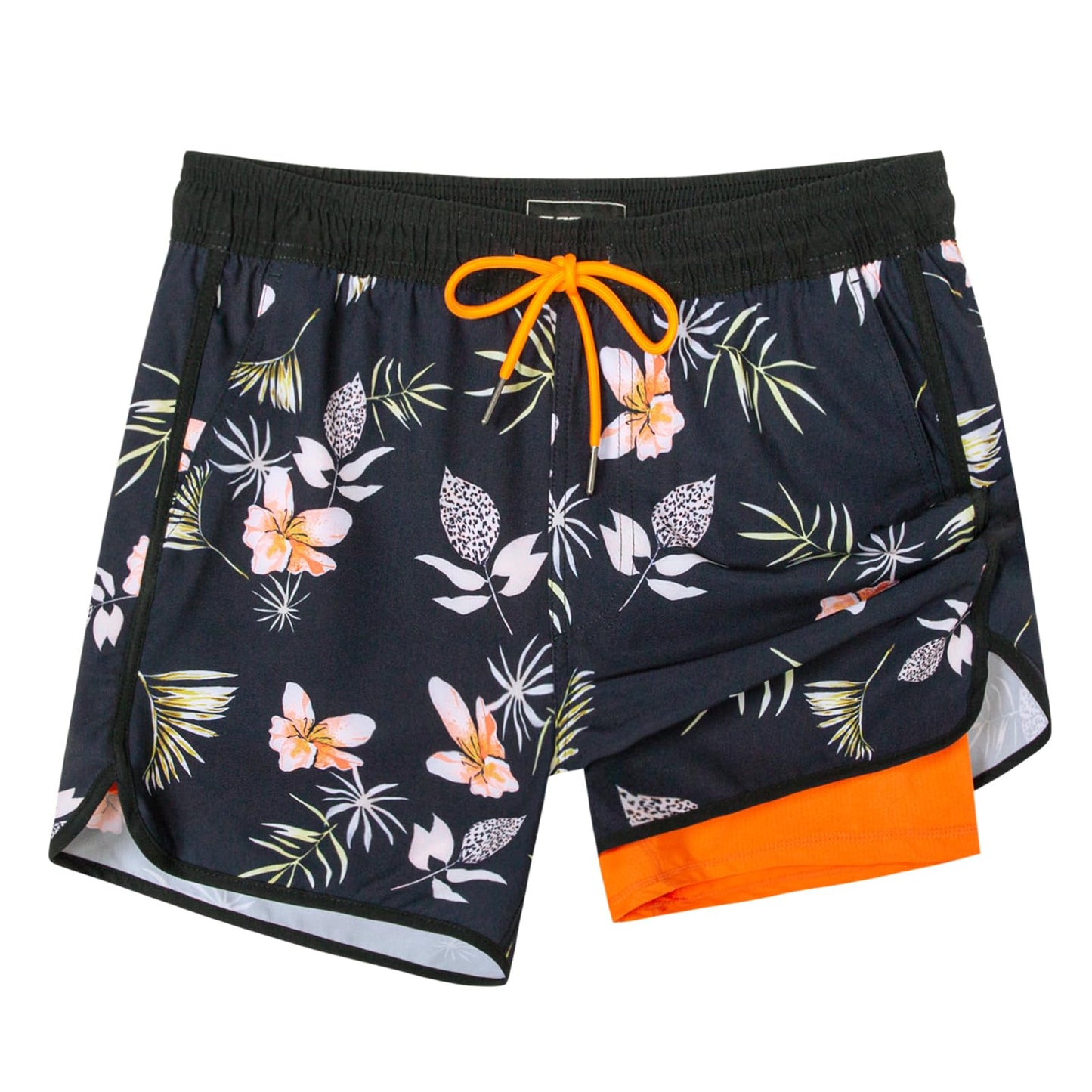 SURF CUZ Mens Swim Trunks with Compression Liner 5" Swimming Trunks 5 Inch Retro Swim Shorts with Zipper Pockets,Daybreak,L