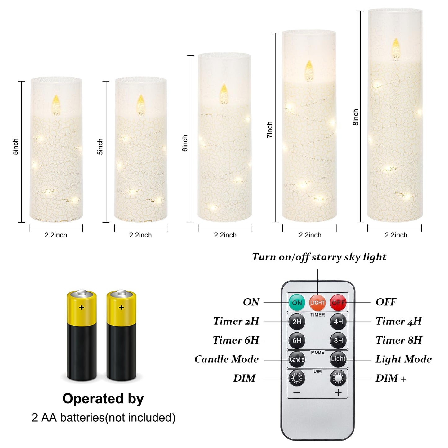 Vicouyi Flameless LED Pillar Candles with Remote Control and Timer, Battery Operated Flickering Electric Candles Set of 5, Crackle Design for Home Decor Wedding Party(D2.2'' x H5''/5''/6''/7''/8'')