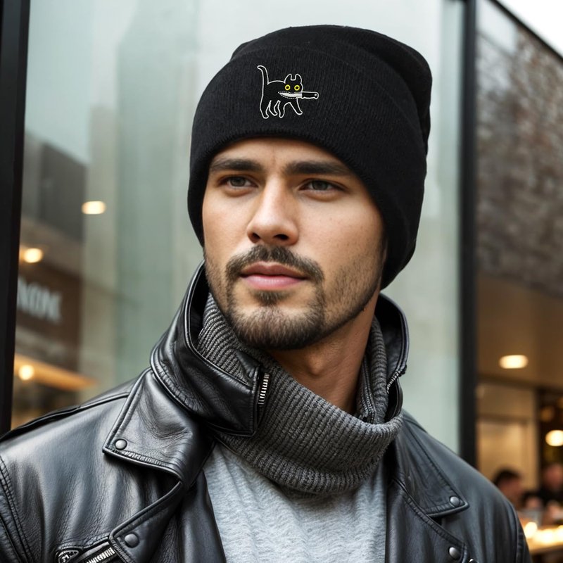 Funny Cat Beanies, Cute Gothic Cool Cat Knit Hat for Men and Women (Knife Cat)
