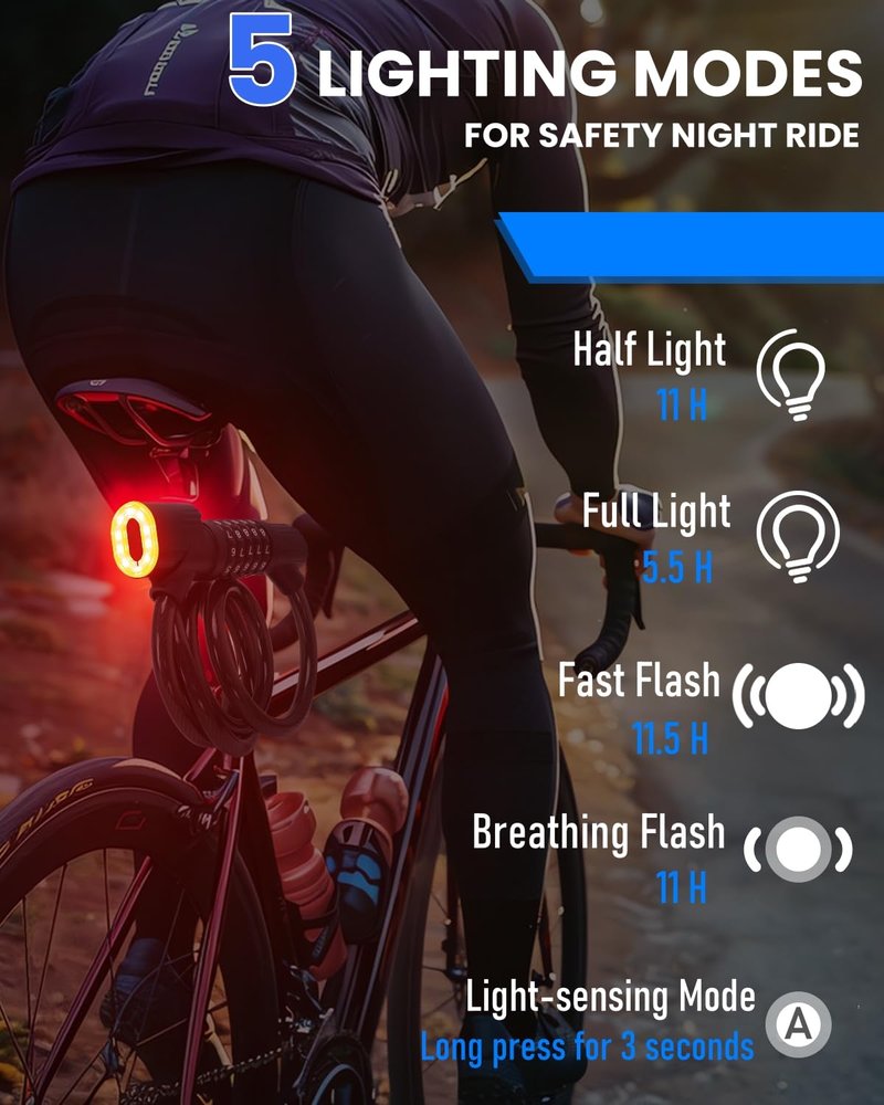 Combination Bike Lock Cable - with LED Bike Tail Light and Keypad Light, IPX6 Waterproof Heavy Duty Strong Anti-Theft 5 Digit Keyless Cable Lock, for Kids Adult Bike Accessories (4FT, Black-0.5 inch)