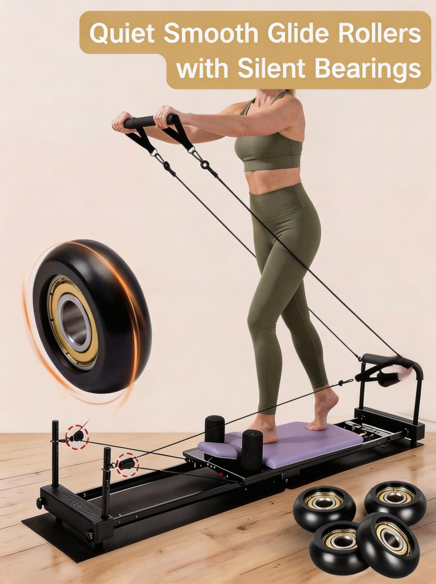 4Pcs Roller Wheel Kit Compatible with Aero Pilates Reformer, 1.26" Smooth Quiet Glide Wheels with Bearings, Full Kit with L-Wrench Adjustable Wrench & Gloves