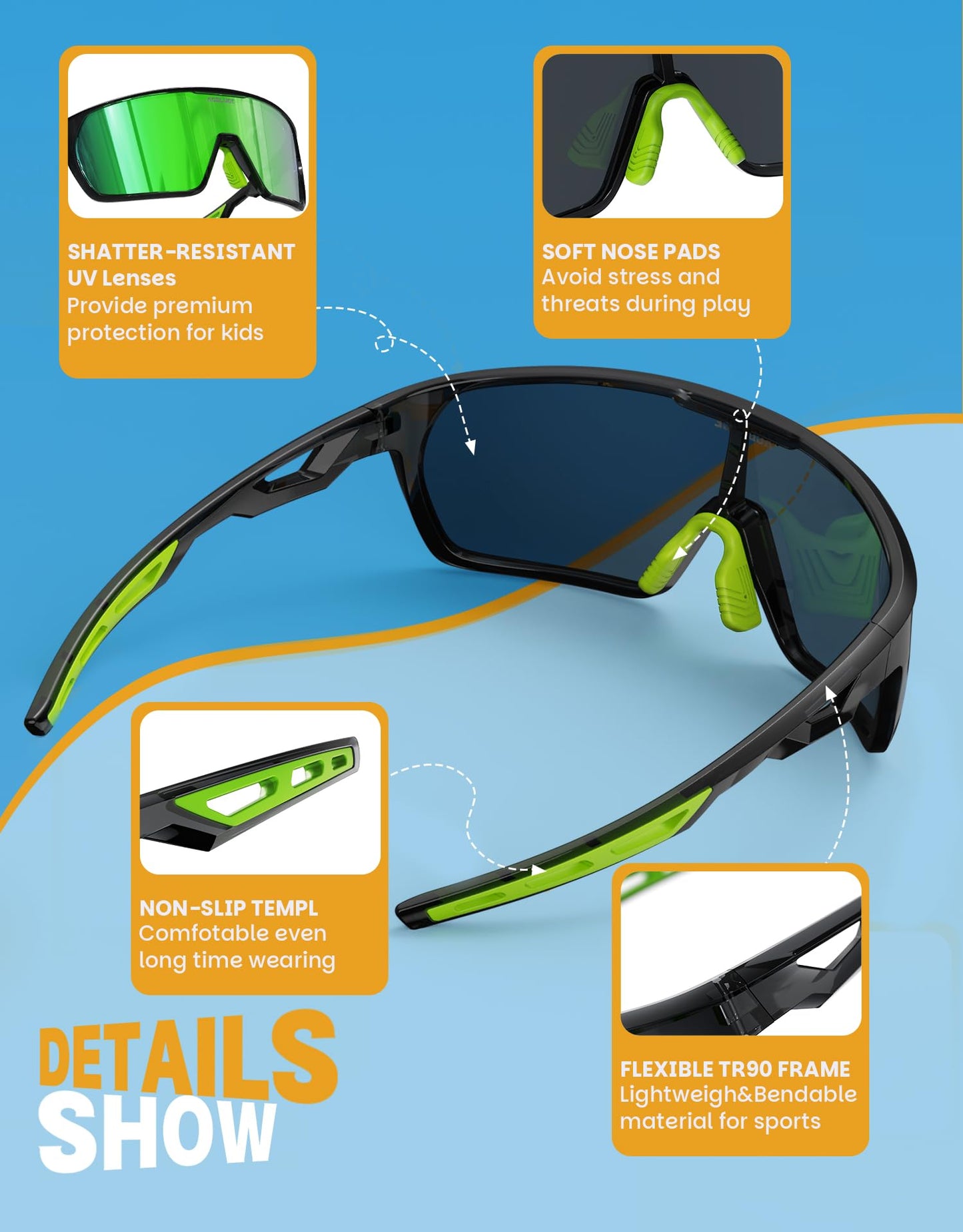 ACBLUCE Youth Baseball Sunglasses for Kids Big Boys Girls Teen Sports Glasses for Softball Cycling Running Green TR90 Lightweight Frame