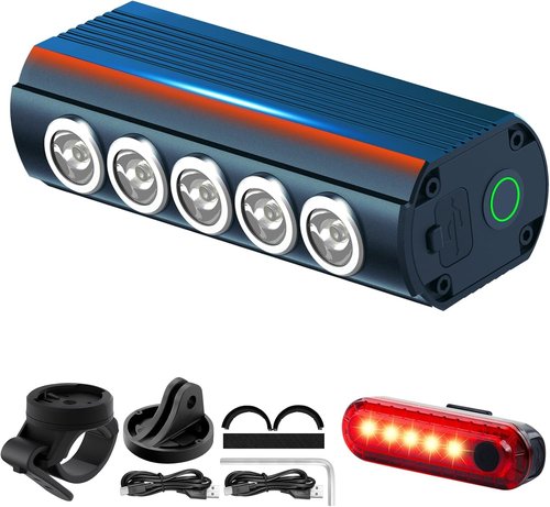 Super Bright Bike Lights for Night Riding, 5 LED USB Rechargeable Bike Headlight, Bicycle Light and Taillight Set, Waterproof Aluminum Bicycle Headlight for Adult Kid Mountain Road Commuter Cycling
