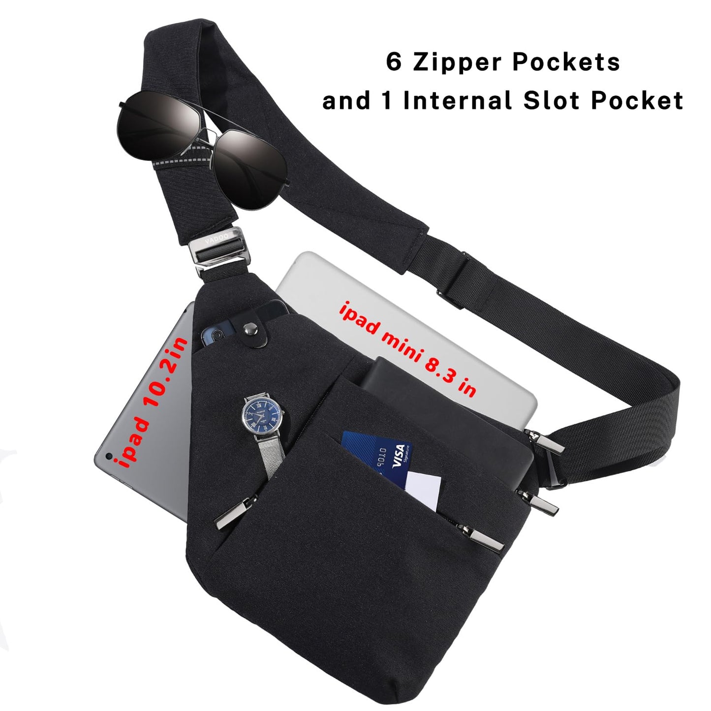 VADOO Anti-theft Sling Bag, RFID Blocking Crossbody Bag for Women and Men Lightweight Shoulder Chest for Travel Sport, Black Large