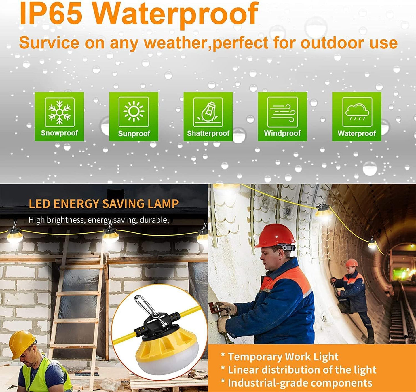 100FT Construction LED String Lights, Industrial Grade Best for Construction Sites, Renovation,Patio, Mine cave, Outdoor, and Other Outdoor Lighting Solutions Use, with Hook (100FT -10 Lights)