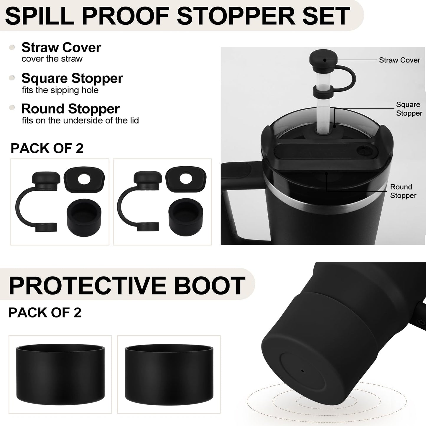 HYZ 8pcs Stanley Cup Accessories, Spill Proof Stopper & Boot Set, Black