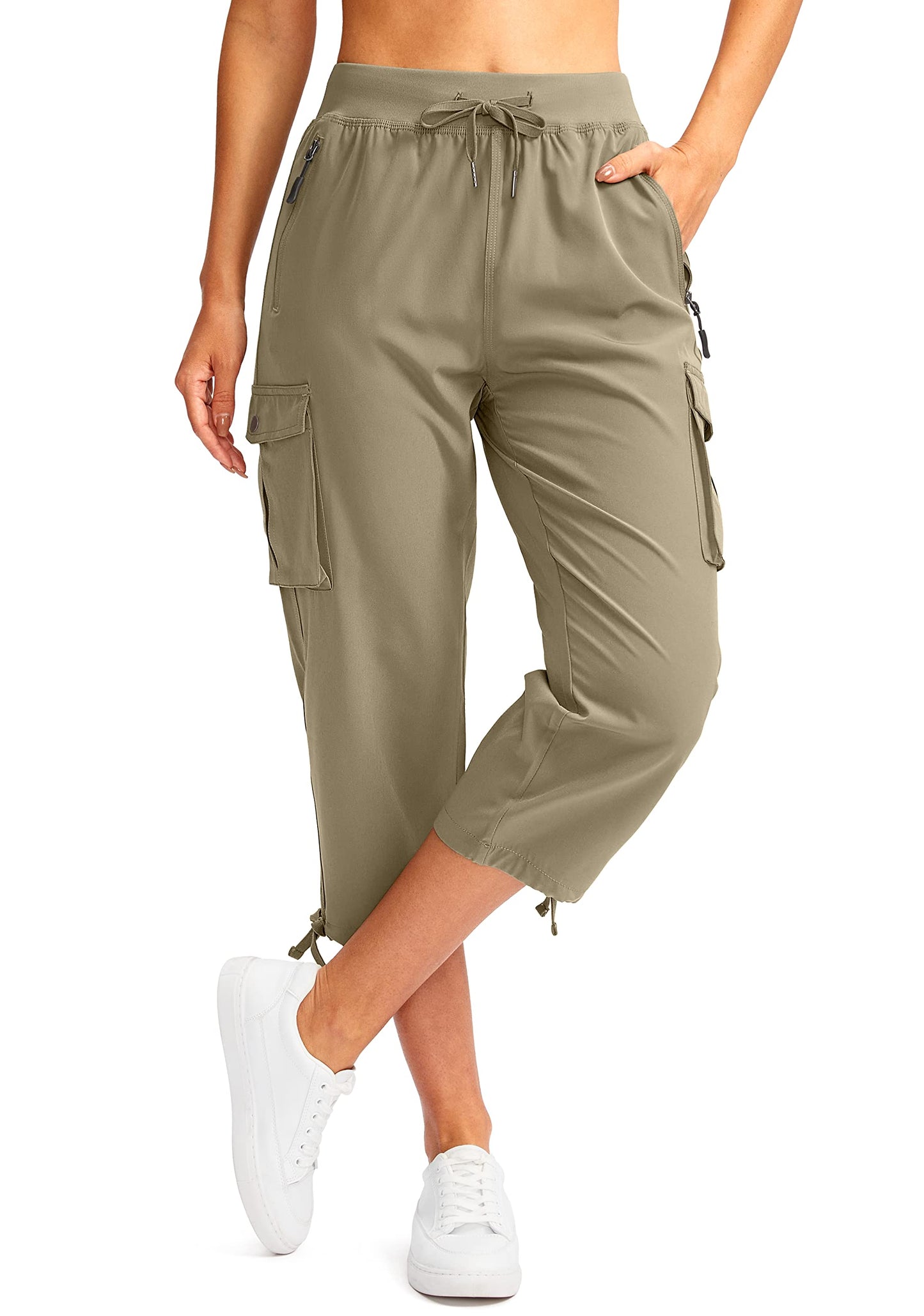 Soothfeel Women's Cargo Capris Pants with 6 Pockets Lightweight Quick Dry Travel Hiking Summer Pants for Women Casual (Dusty Khaki, L)