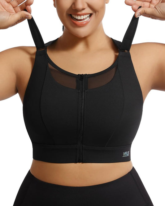 VFUS Adjustable High Impact Sports Bra Zip Front Sexy Mesh Racerback Workout No Bounce Compression Bras for Women (Large, Black)