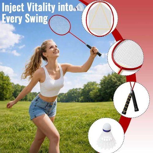 AUEWXNFYH Backyard Badminton Set: Portable Outdoor Net with 4 Performance Rackets, 3 Shuttlecocks & Boundary Line - Complete Heavy-Duty Set for Family Lawn, Grass & Beach Games