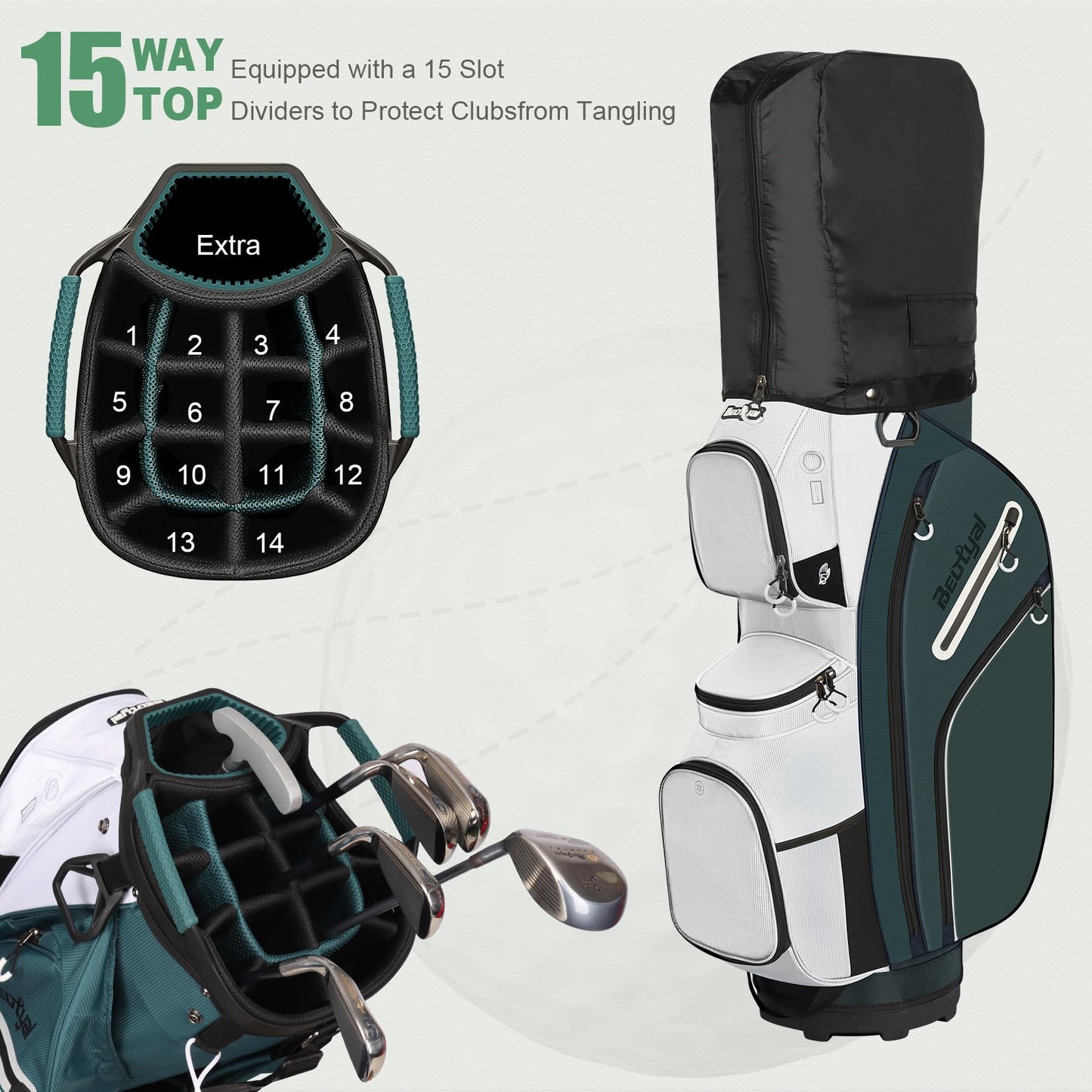 Beutyal Golf Cart Bag 15 Way Organizer Divider Top Cart Golf Club Bag for Men Women with Cooler, Handles and Rain Cover
