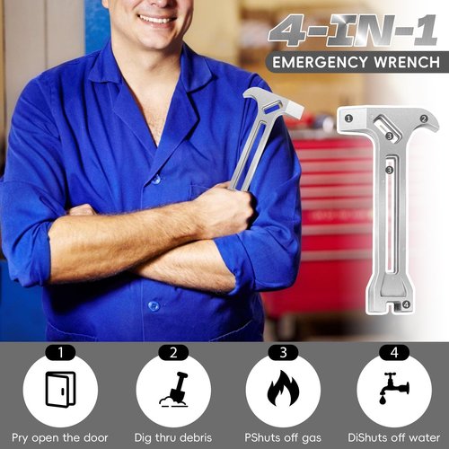 4-in-1 Emergency Tool – Gas & Water Shut Off Wrench, Non-Sparking Pry Bar, Earthquake Survival Tool – Firefighter-Designed, Durable Alloy for First Responders & Home Safety