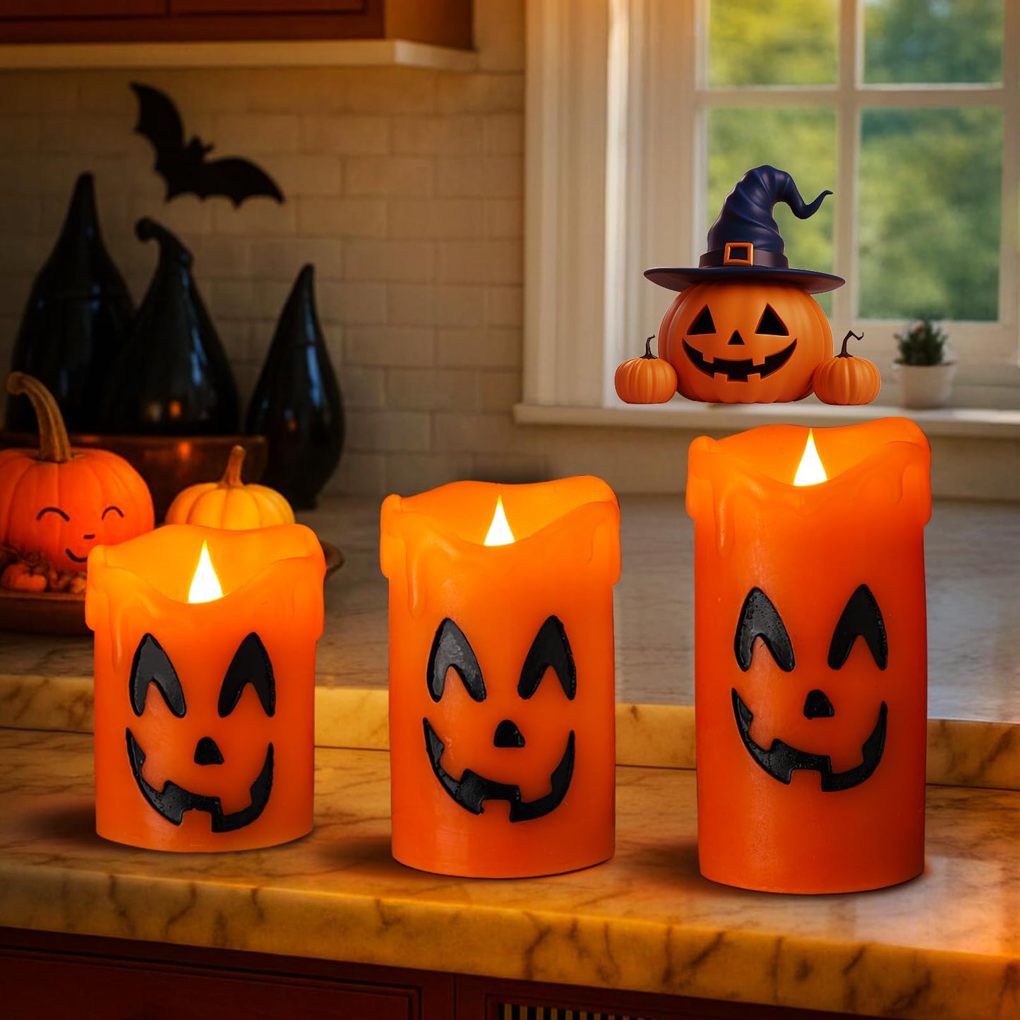 LCZLUMIPRO Halloween Candles Flameless Ghost Face Decor, Orange Pumpkin Dripping Real Wax Battery Operated LED Pillar Candles for Halloween Fall Indoor Table Dinner Decorations, Set of 3(3" x 4/5/6")