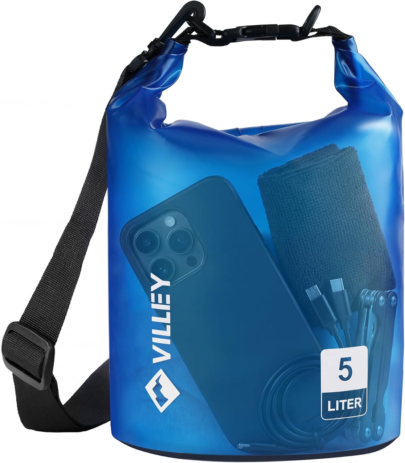 VILLEY Waterproof Dry Bag - 5L Roll Top Backpack for Kayaking, Camping & Beach - Blue Transparent