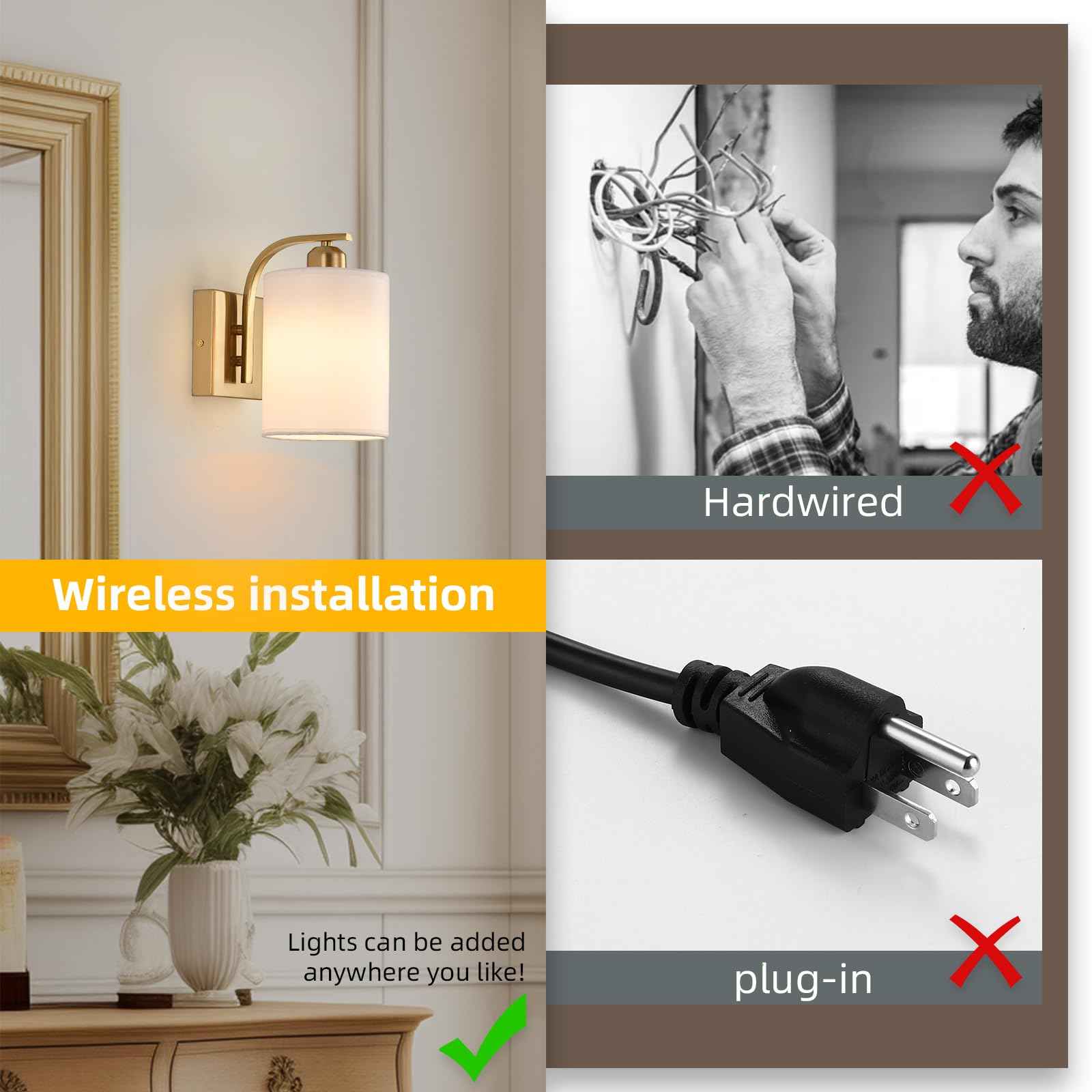 Battery Operated Wall Sconce Set of 2,Gold Rechargeable Wall Lights with Remote Control,15 Colours Wireless Wall Sconce with 3000mAh Dimmable Detachable Bulb for Bedroom, Living Room and Hallway