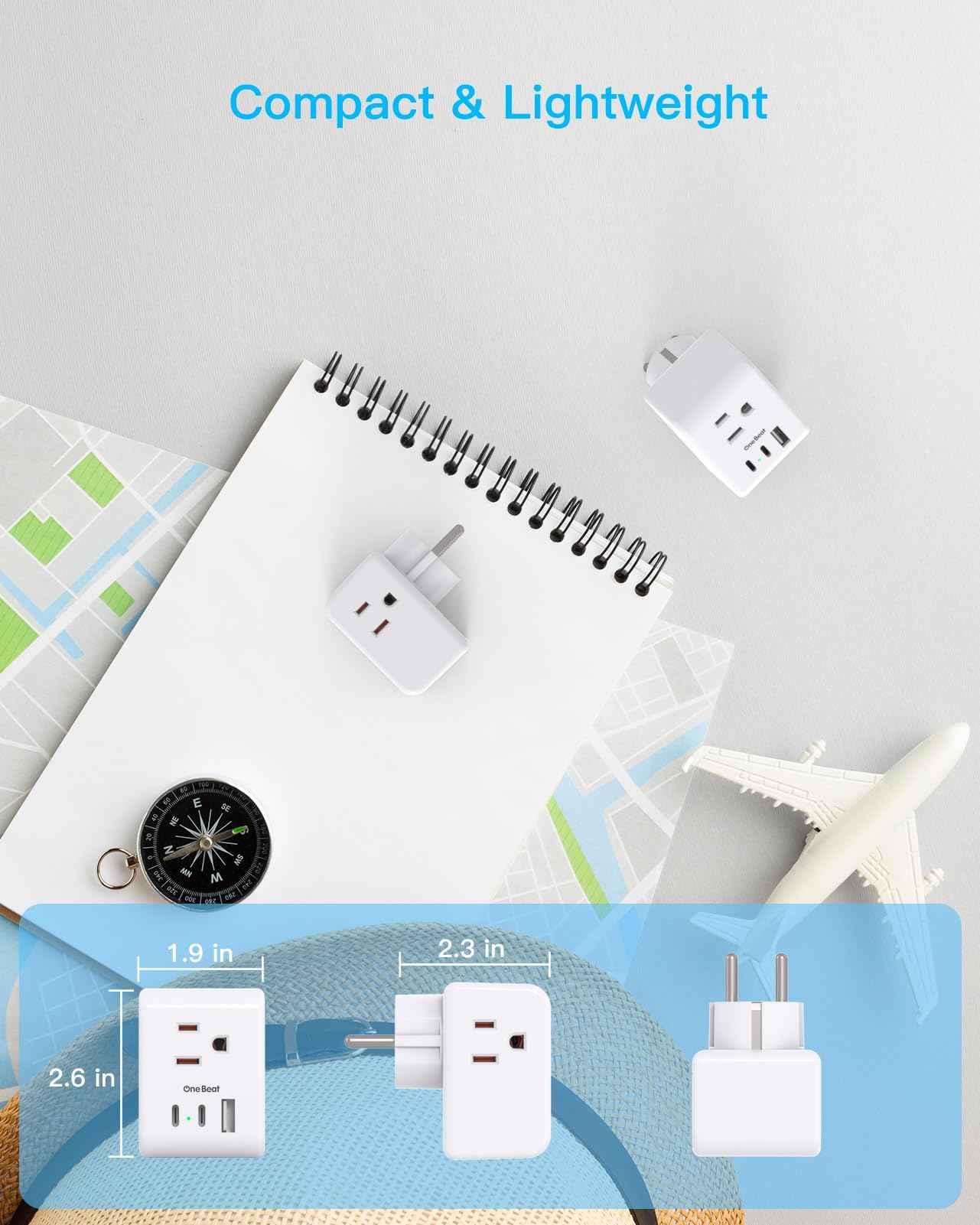 2 Pack Germany France Travel Plug Adapter with 3 Outlets 1 USBA 2 USB C, One Beat Type E/F International Power Adapter, Travel Essentials US to Europe France Germany South Korea Netherlands