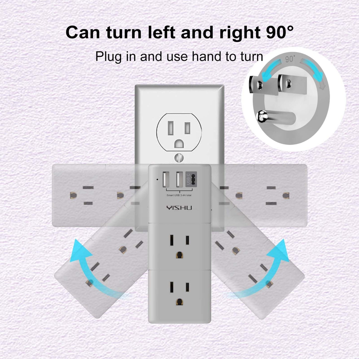 Multi Plug Outlet Surge Protector - YISHU Outlet Extender with Rotating Plug, 6 AC Outlets and 3 USB Ports, 3-Sided Swivel Power Strip Ideal Stocking Stuffers, Gray