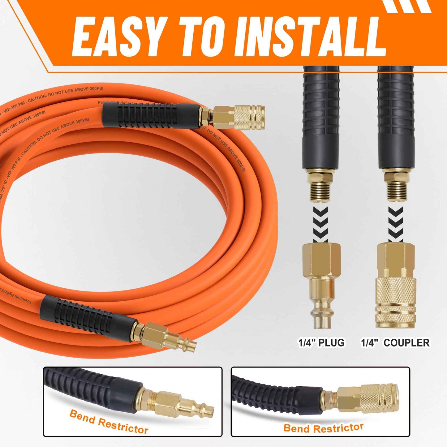 Ailbiuko Hybrid Air Hose 3/8 Inch x 25 Feet Air Compressor Hose with 1/4 Inch Brass Air Coupler and Plug,Heavy Duty, Lightweight, Kink Resistant, All-Weather Flexibility, 300 PSI