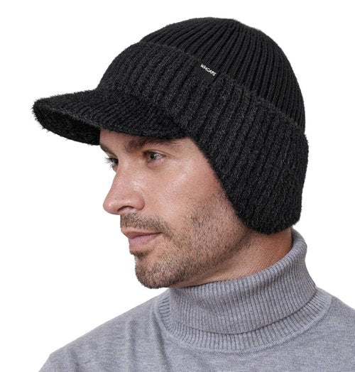 Wmcaps Winter Beanie with Brim and Ear Flaps, Fleece Lined Warm Knit Hat for Men Women Outdoor Thermal Stocking Cap Black