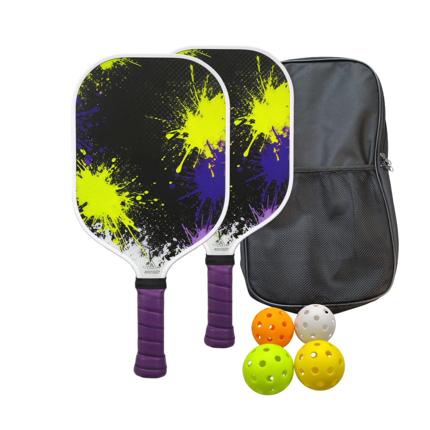 Pickleball Paddles Set of 2 - Fiberglass Pickleball Rackets with 4 Balls 1 Potable Carry Bag, Ink Splash Pickle Ball Paddle Set for Men and Women