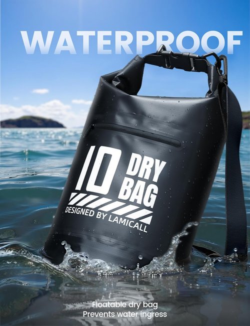 Lamicall Waterproof Dry Bag - 10L Floating Roll Top Backpack with Phone Pouch - Black