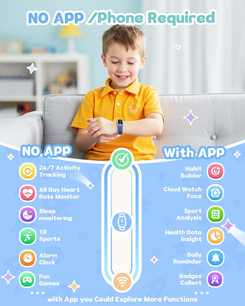 TICTIKY Kids Fitness Tracker Watch with Amoled Screen, Activity Tracker No Phone Needed, Heart Rate and Sleep Monitor, 3ATM Waterproof, Pedometer, Alarm Clock, Games, Step Counter Watch for Girls 5-10