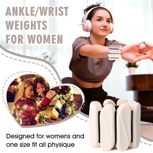 Wrist Weights, 2Pack Wrist Ankle Weights for Women & Men, 2lb Adjustable Silicone Arm and Leg Weighted Bangles(1LBs Each), Fits for Yoga, Pilates, Home Gym, Jogging, Cardio, Strength Training (Beige)
