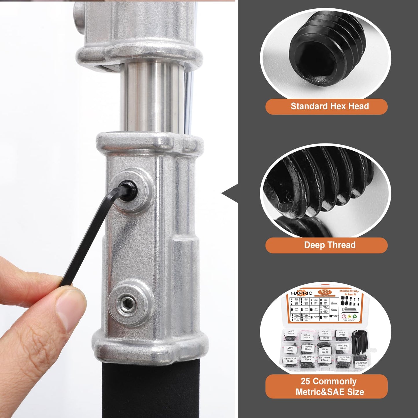 500 Pcs 25 Size Set Screws Metric&SAE Set Screw Assortment Kit 12.9 Alloy Steel Head Socket Metric Set Screws for Bathroom Fixtures Door Handles(M3-M8, 1/8"-40 to 5/16"-18)