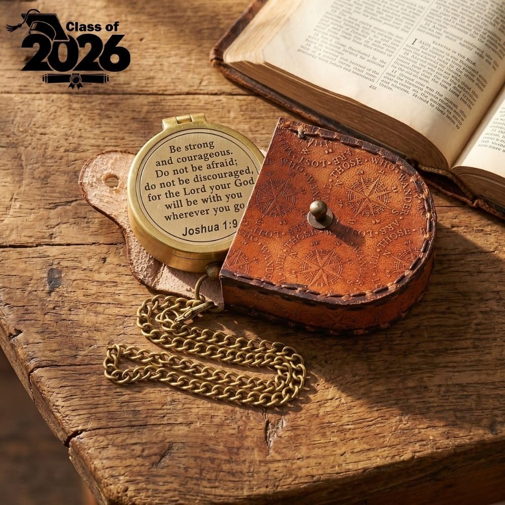 Be Strong and Courageous Compass – Joshua 1:9 Scripture Engraved – Solid Brass Pocket Compass with Leather Case – Christian Gift for Men, Son, Husband, Graduation, Travel Keepsake