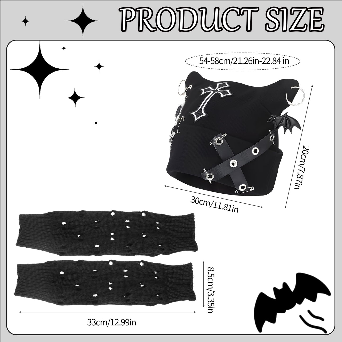 Angirlish Gothic Cat Beanie Set Y2k Cat Ear Knitted Hat Goth Arm Warmers Punk Grunge Emo Accessories for Woman Girls Black