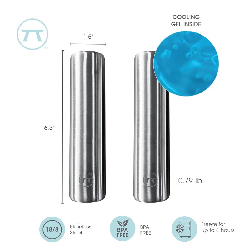 Outset Stainless Steel Cylinder Ice Packs, Set of 2 Reusable Travel and Lunch Box Coolers, 6.3" x 1.6”