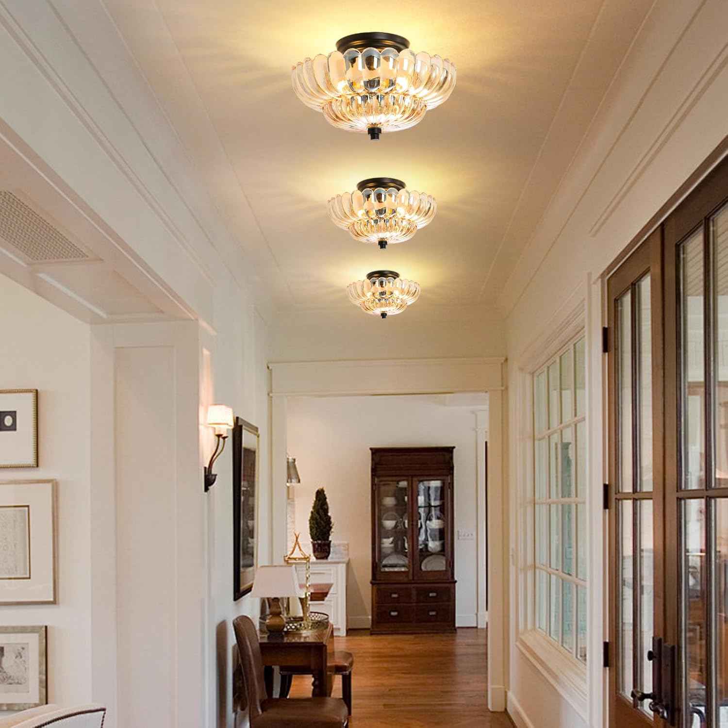 Modern Semi Flush Mount Ceiling Light Fixture with Brown Glass & Black Base - Ideal for Living Room, Kitchen, Bedroom, Hallway (Bulb Not Included)