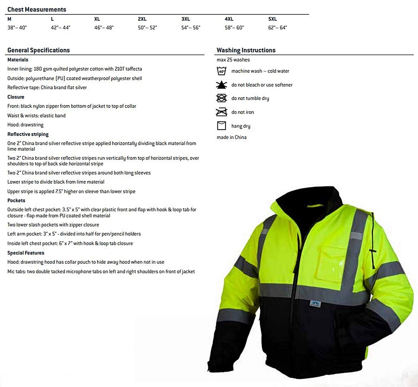 Pyramex Safety RJ3210M Safety Bomber Jacket with Quilted Lining, Hi-Vis Lime, Medium