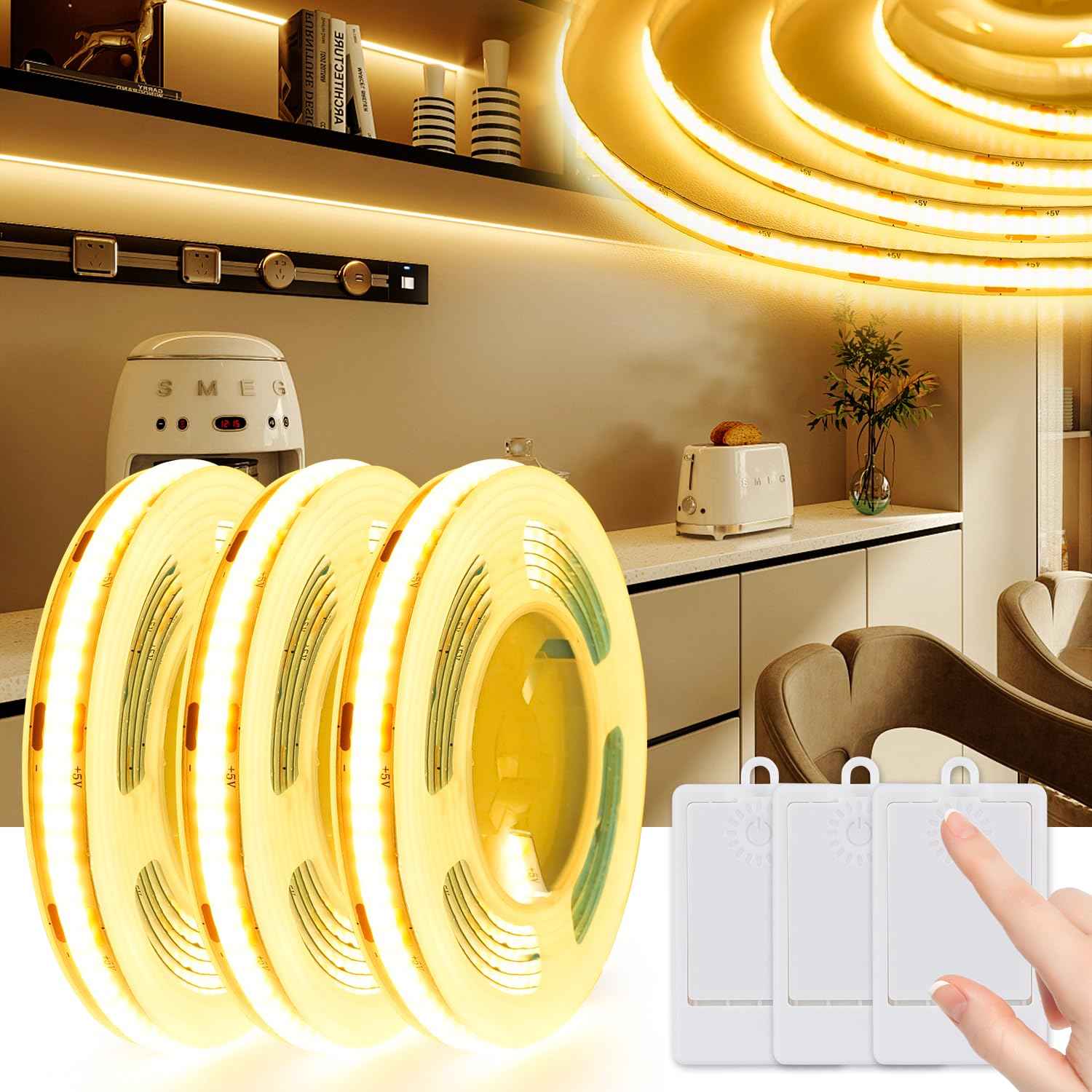 OMIKA 3 Pack COB LED Strip Lights, 3.3ft 320 LEDs Battery Powered LED Strip Lights, Flexible Cuttable Click Lights for Cabinet, Bedroom, Desk, Kitchen, Bedroom, 2700K Warm White