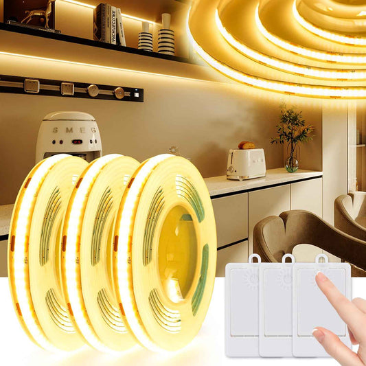 OMIKA 3 Pack COB LED Strip Lights, 3.3ft 320 LEDs Battery Powered LED Strip Lights, Flexible Cuttable Click Lights for Cabinet, Bedroom, Desk, Kitchen, Bedroom, 2700K Warm White