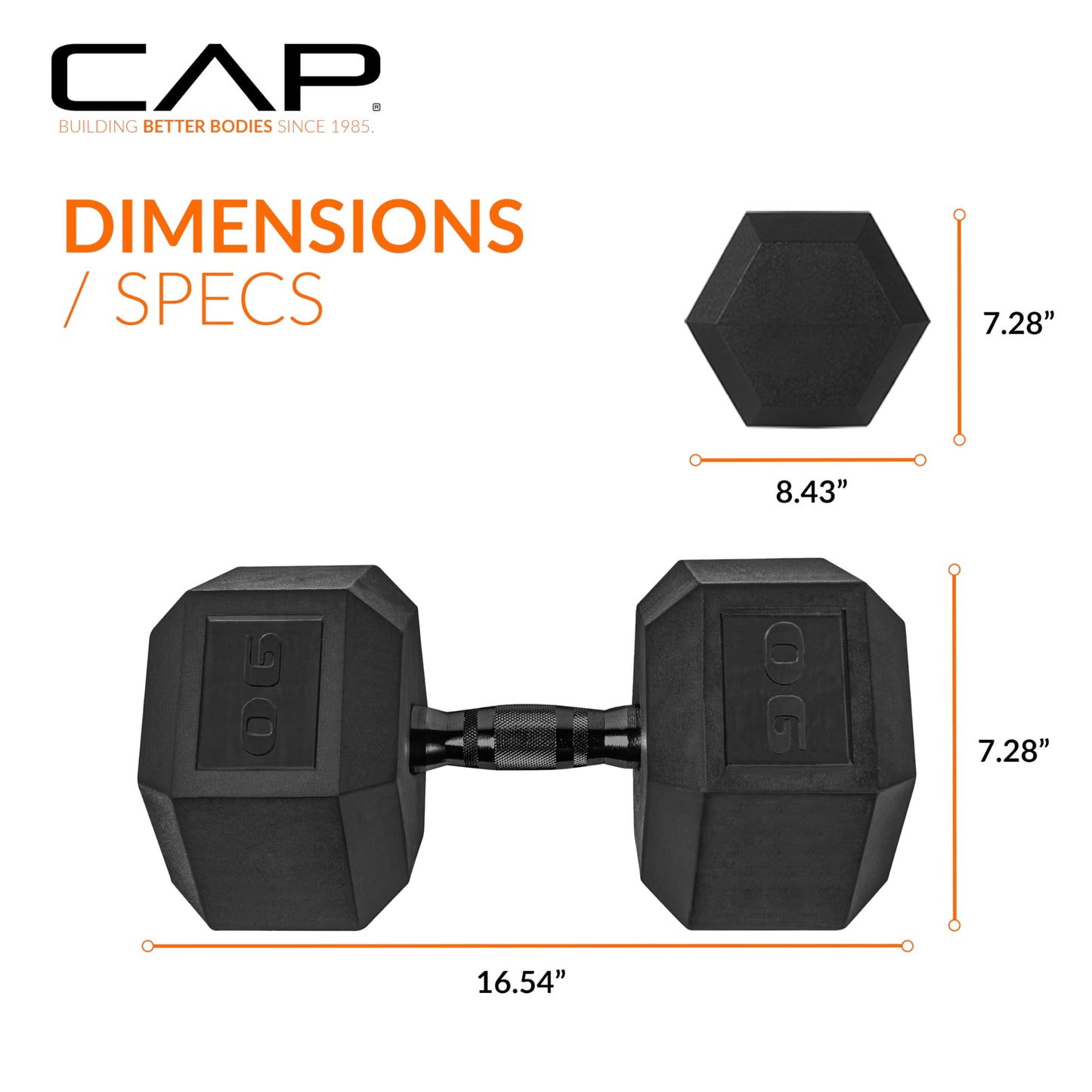 CAP 90 LB Rubber Coated Hex Dumbbell Weight, Rubber Free Weights for Home Gym Strength Training, Black Oxide Handle, Single