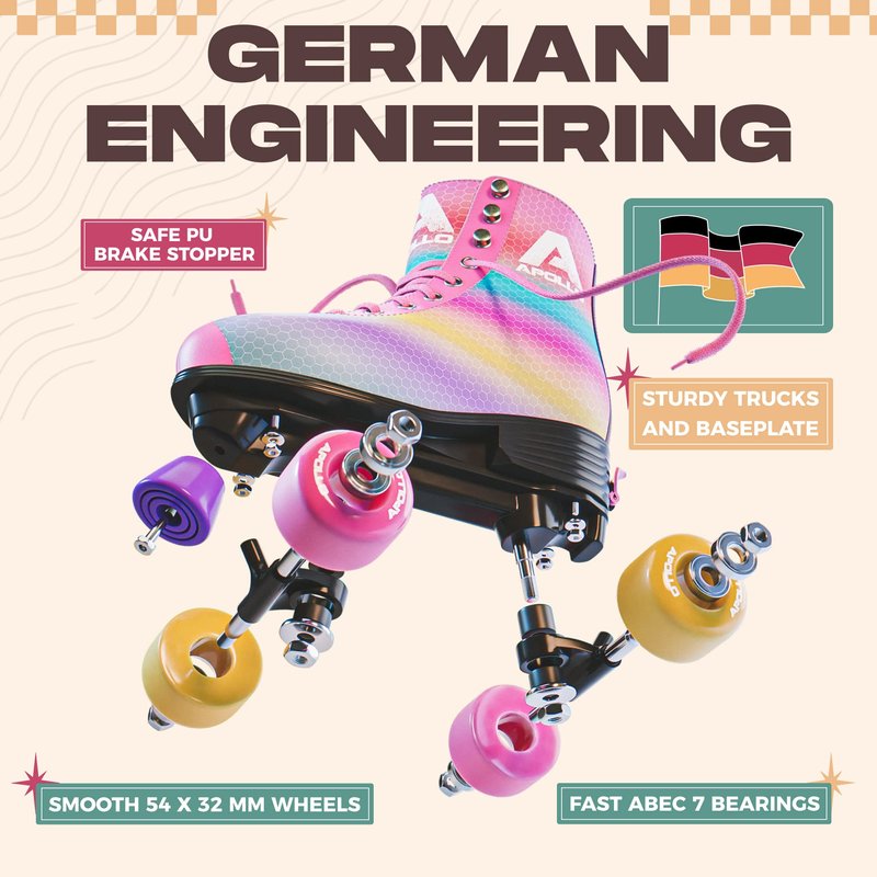 APOLLO Retro Skates - Size Adjustable Quad Skates for Girls & Women - High Heel Rollerskates - Disco Quads - Dancing Queen S / J12-2