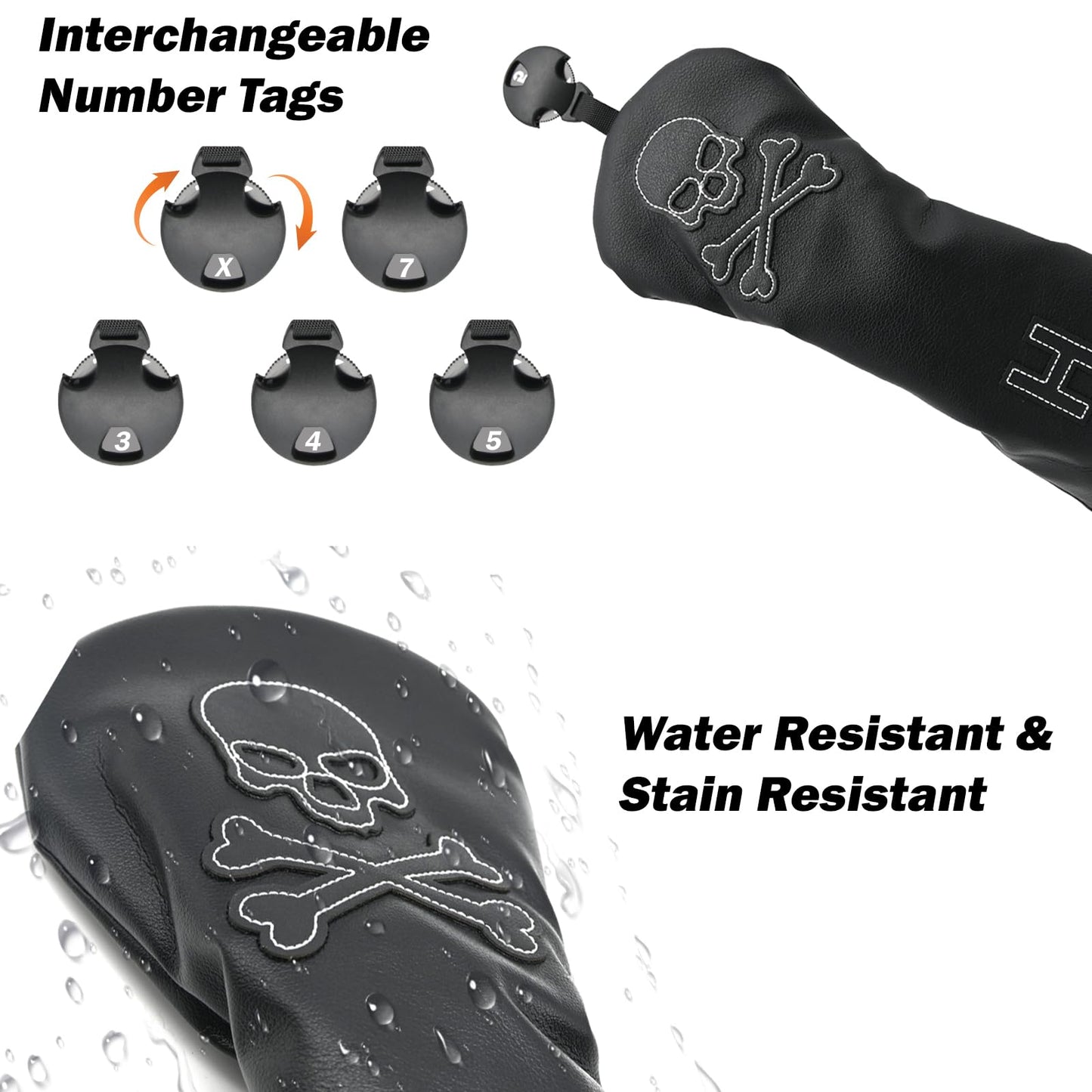 4 Pcs Golf Club Head Covers PU Leather Skull Golf Club Covers for Drivers, Fairway Woods, and Hybrids Fit Most Golf Clubs Golf Headcovers Set (Black)