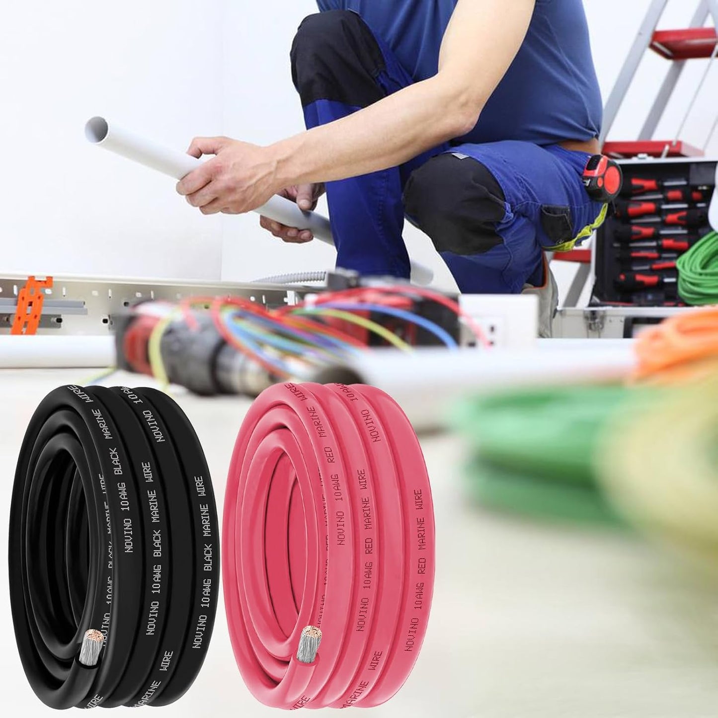 Skiennix 10 AWG Marine Grade Wire - 10FT Red & 10FT Black Tinned Copper Cable for Boats, Trailers & More